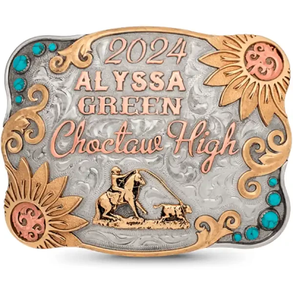 A custom women's belt buckle with turquoise stones for Alyssa Green Choctaw High School featuring a calf roping figure and sunflowers 